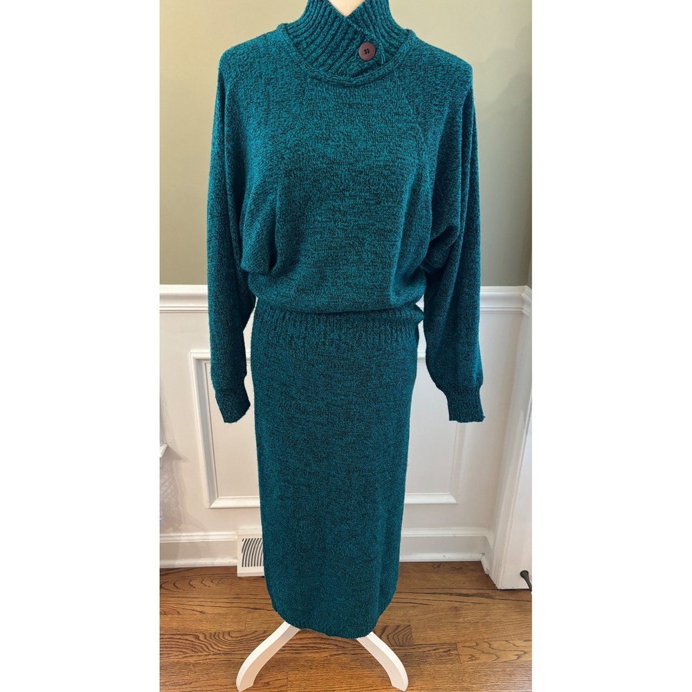 Vintage Plain Jane Sport Teal Knit Midi Sweater Dress Button Neck Small